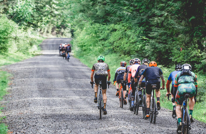 Packs of riders on course of Sasquatch Duro Gravel Event