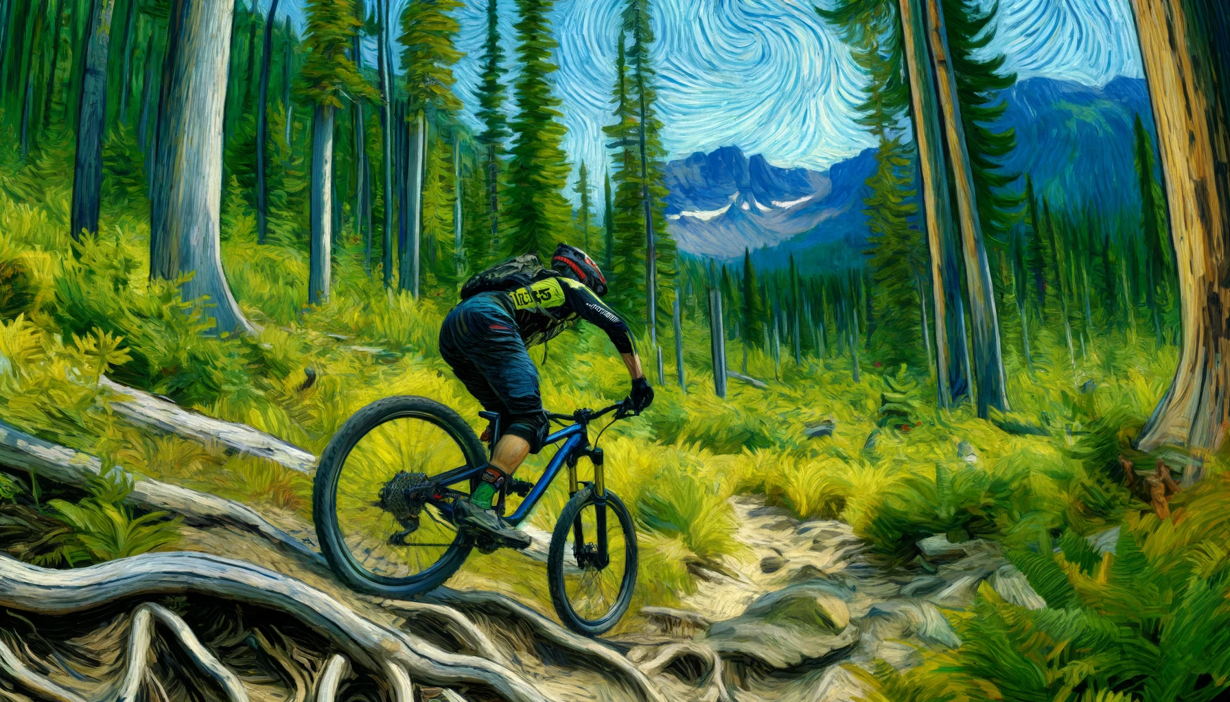 a van Gogh art of a rider going through the woods of Oregon on a mountain bike 