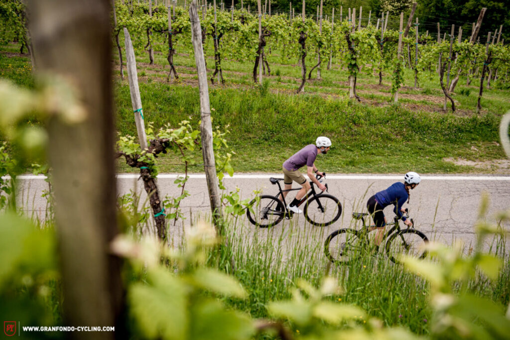 Prosecco_Hills_Travel_GF022_WEB-0057-1140x760 Riders passing a vineyard in Veneto Region of Italy