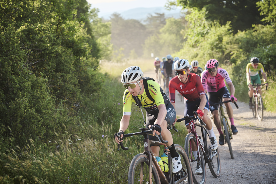 Pack of racers on course in Wish One Gravel event