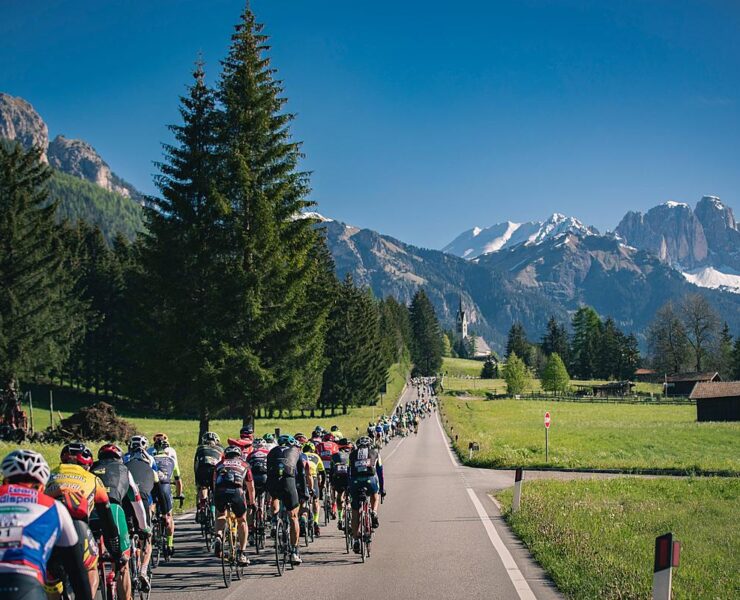 Riders in the Dolomites on course of Marcialonga Gran Fondo