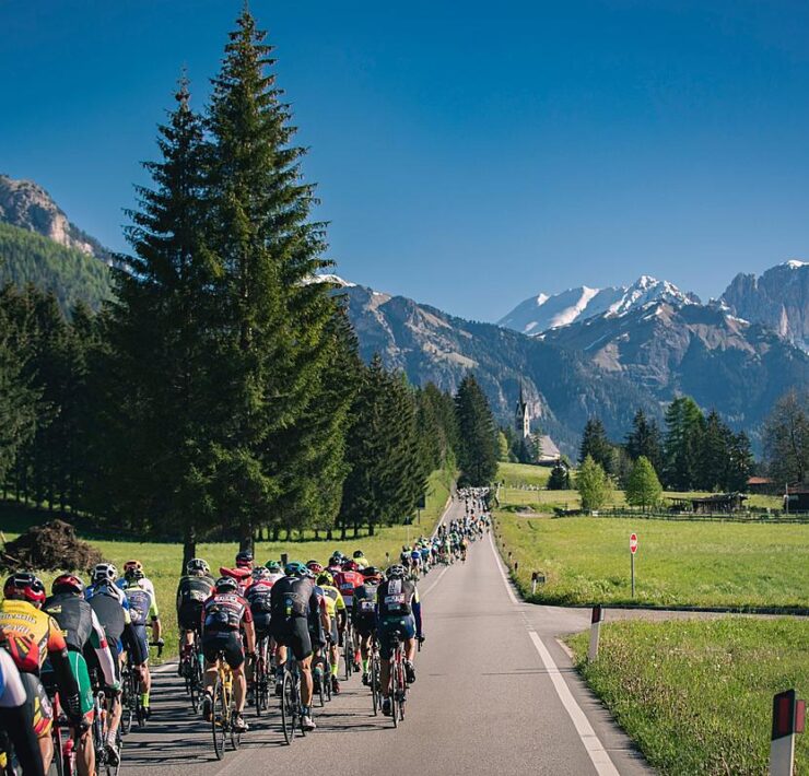 Riders in the Dolomites on course of Marcialonga Gran Fondo