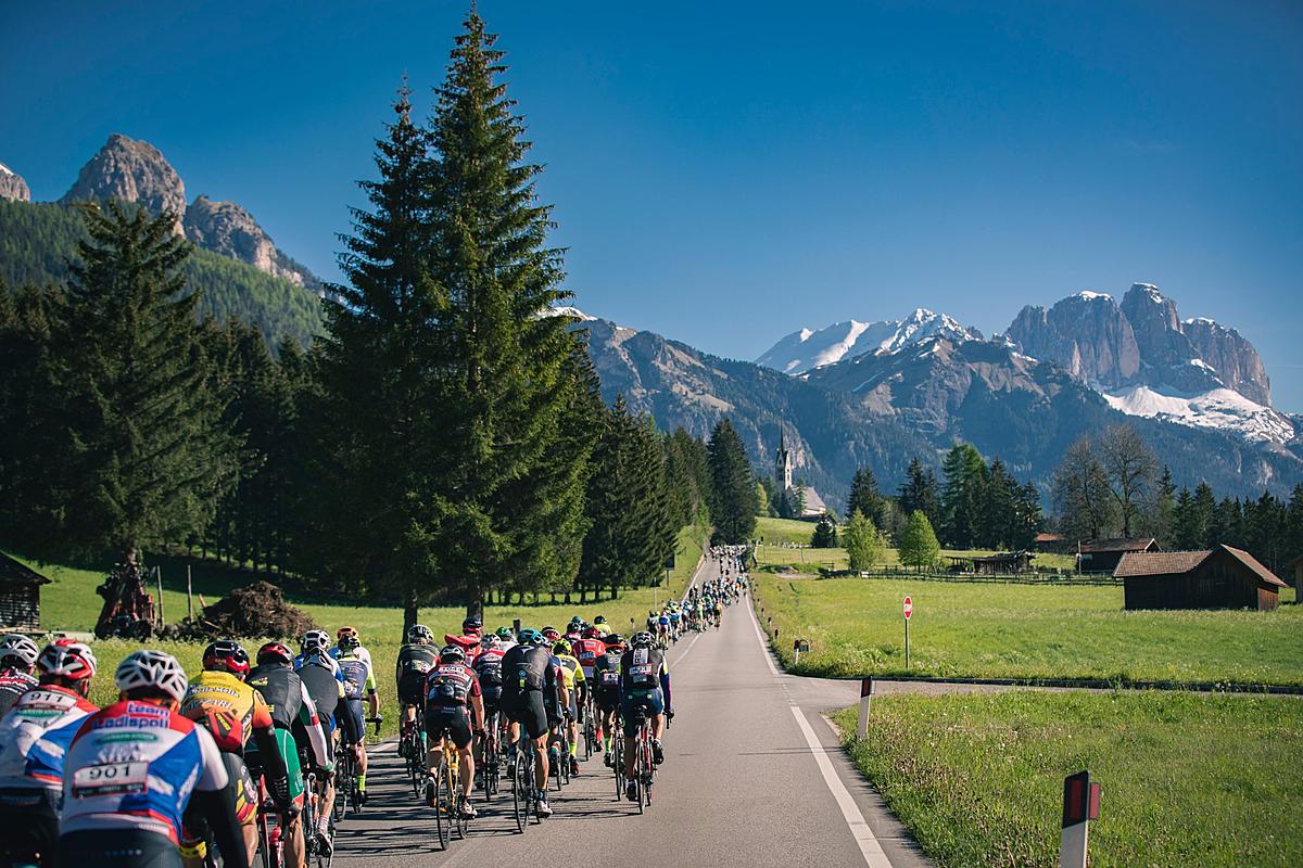 Riders in the Dolomites on course of Marcialonga Gran Fondo