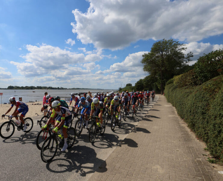 Large group of riders on course of Bremer Cyclassics near Hamburg