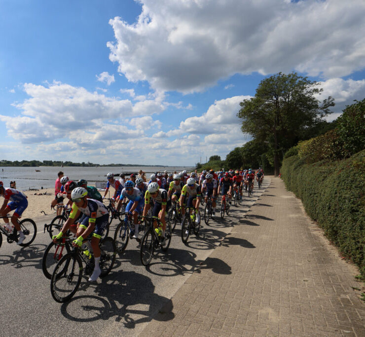Large group of riders on course of Bremer Cyclassics near Hamburg